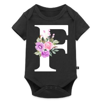Lila Blumenbuchstabe F - Baby Premium Kurzarmbody - Schwarz - Vorne