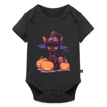Chat mignon d’Halloween avec chapeau de sorcière et citrouille - Body à manches courtes Premium Bébé - noir - Devant