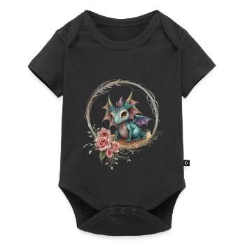 süßer kleiner Drache mit Blumen - Baby Premium Kurzarmbody - Schwarz - Vorne