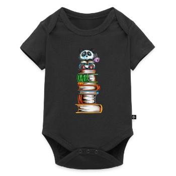 Pandabär auf einem Bücherturm mit Tee Buch lesen - Baby Premium Kurzarmbody - Schwarz - Vorne