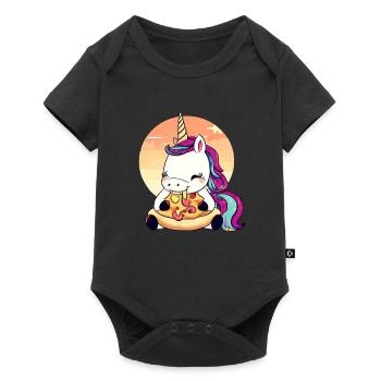 Licorne mangeant une pizza au coucher du soleil - Body à manches courtes Premium Bébé - noir - Devant
