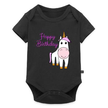 Einhorn 'Happy Birthday' Mädchen Kinder Violetta - Baby Premium Kurzarmbody - Schwarz - Vorne