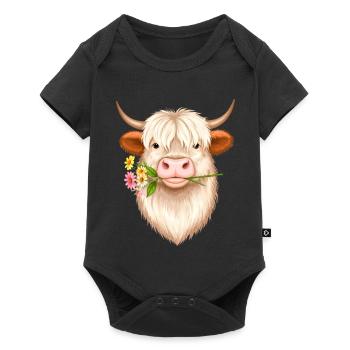 Cool Highland Cow with Flower – Scottish Cattle Style - Baby Premium short-sleeve bodysuit - black - Front