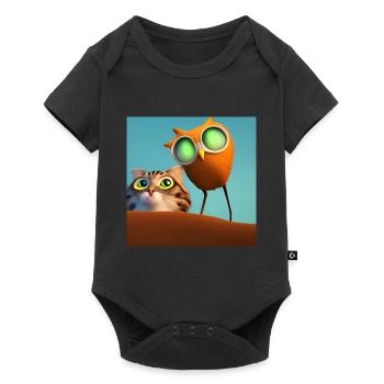 Katze und Eule - T-Shirt - Baby Premium Kurzarmbody - Schwarz - Vorne