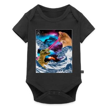 Japan Comic Great Wave Cat Vs Dinoaur T-Rex Otaku - Baby Premium short-sleeve bodysuit - black - Front