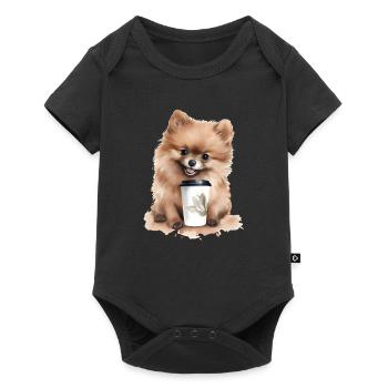 Pomeranian dog with coffee watercolor style - Baby Premium short-sleeve bodysuit - black - Front