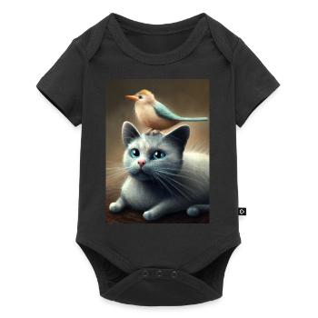 Vogel sitzt auf Katze - Baby Premium Kurzarmbody - Schwarz - Vorne