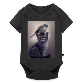 Vogel sitzt auf Katze - Baby Premium Kurzarmbody - Schwarz - Vorne