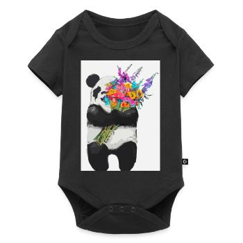 Panda mit Blumenstrauß - Baby Premium Kurzarmbody - Schwarz - Vorne