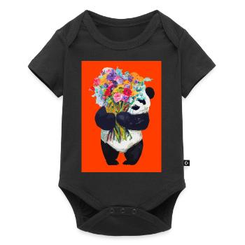 Panda mit Blumenstrauß - Baby Premium Kurzarmbody - Schwarz - Vorne