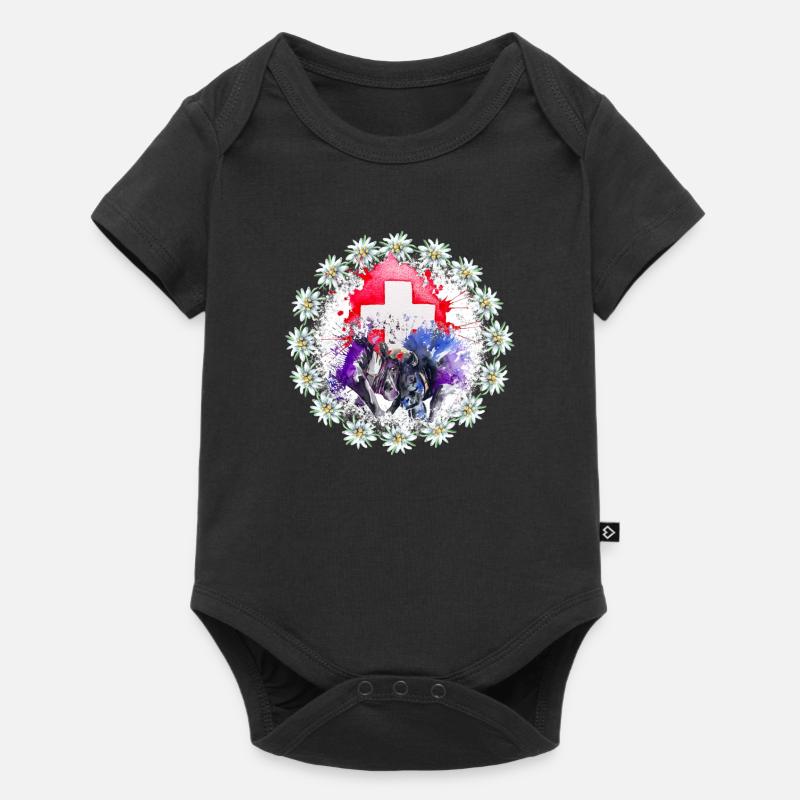 Vache d'hérens avec drapeau suisse et edelweiss - Body à manches courtes Premium Bébé - noir