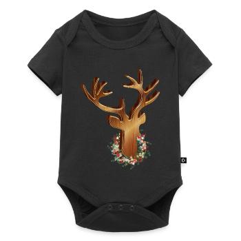 Hirschkopf in Holz Optik mit Weihnachtskranz - Baby Premium Kurzarmbody - Schwarz - Vorne