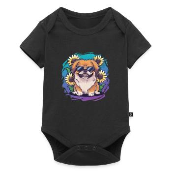 Summery sunflower motif with sweet Pekingese. - Baby Premium short-sleeve bodysuit - black - Front