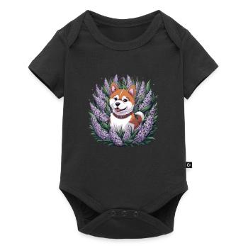 Akita Inu with lilac in cartoon style - Baby Premium short-sleeve bodysuit - black - Front