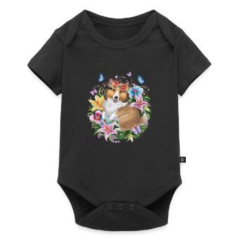 Sheltie mit Orchideen, Lillien und Schmetterlingen - Baby Premium Kurzarmbody - Schwarz - Vorne