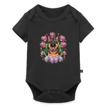 Cartoon German Shepherd with Orchids - Baby Premium short-sleeve bodysuit - black - Front
