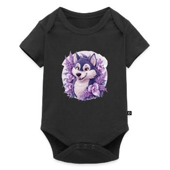 Cute cartoon husky with pretty orchids - Baby Premium short-sleeve bodysuit - black - Front
