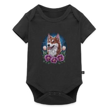 Norwegian Elkhound with Tulips and Flowers - Baby Premium short-sleeve bodysuit - black - Front