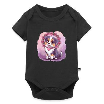 Cartoon Australian Shepherd Dog with Roses - Baby Premium short-sleeve bodysuit - black - Front