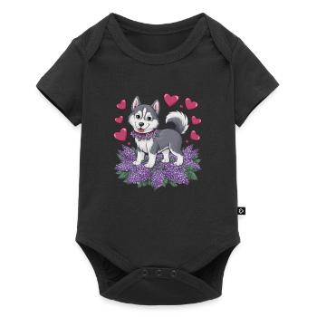 Cute cartoon husky with lilac - Baby Premium short-sleeve bodysuit - black - Front