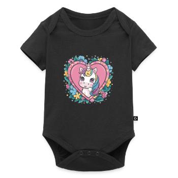 Kawaii Unicorn with Flowers and Hearts - Baby Premium short-sleeve bodysuit - black - Front