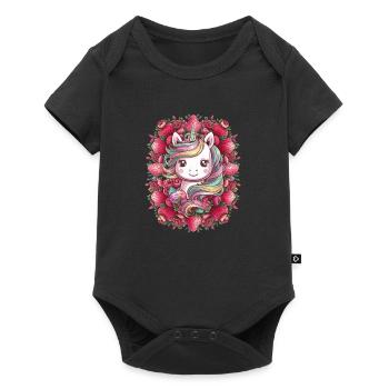 Kawaii Einhorn mit Erdbeeren und Rosen - Baby Premium Kurzarmbody - Schwarz - Vorne
