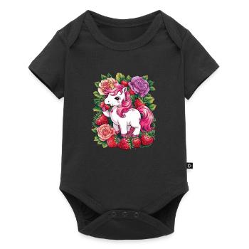 Kawaii Einhorn mit Erdbeeren und Rosen - Baby Premium Kurzarmbody - Schwarz - Vorne