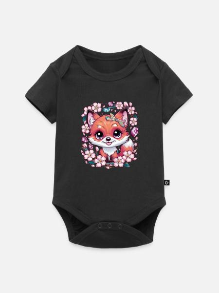 Kawaii Fuchs mit Sakura Kirschblüten - Baby Premium Kurzarmbody - Schwarz