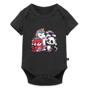 Kawaii Einhorn mit roten Panda und großem Panda - Baby Premium Kurzarmbody - Schwarz - Vorne