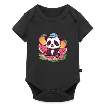 Kawaii Panda mit Pfirsichen und Wassermelonen - Baby Premium Kurzarmbody - Schwarz - Vorne