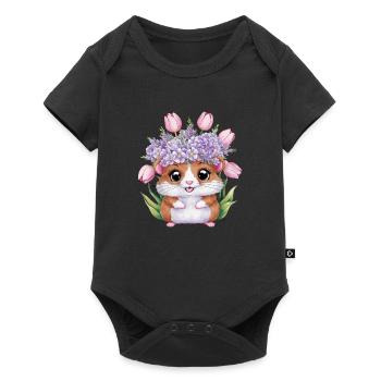 Hamster de dessin animé avec des tulipes et des fleurs violettes - Body à manches courtes Premium Bébé - noir - Devant