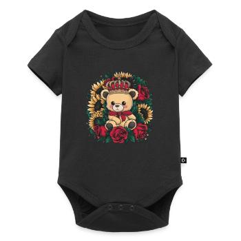 Ours en peluche kawaii avec couronne, roses et tournesols - Body à manches courtes Premium Bébé - noir - Devant