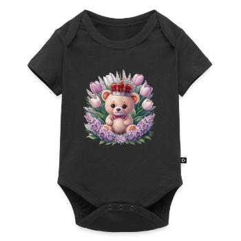 Ours en peluche kawaii avec couronne, tulipes et lilas - Body à manches courtes Premium Bébé - noir - Devant