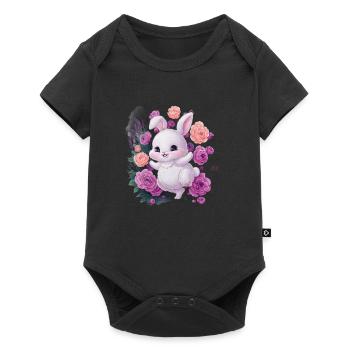 Mignon lapin kawaii avec des roses et de la lavande - Body à manches courtes Premium Bébé - noir - Devant