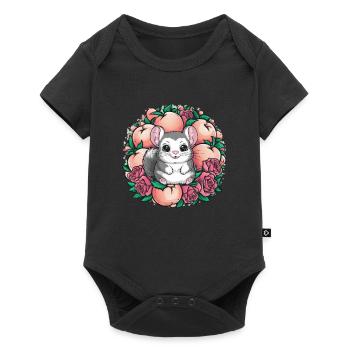 Dessin animé Kawaii Chinchilla avec des roses et de la pêche - Body à manches courtes Premium Bébé - noir - Devant