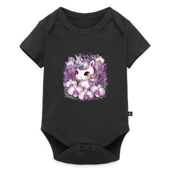 Licorne Kawaii avec orchidées - Body à manches courtes Premium Bébé - noir - Devant