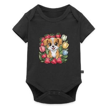 Chien de dessin animé kawaii avec des fraises et des tulipes - Body à manches courtes Premium Bébé - noir - Devant