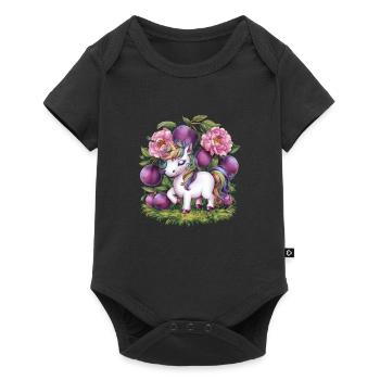 Licorne Kawaii avec des prunes et des fleurs - Body à manches courtes Premium Bébé - noir - Devant