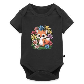 Cartoon kawaii fox with colorful lilies - Baby Premium short-sleeve bodysuit - black - Front