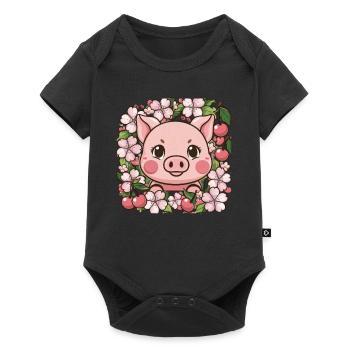 Cochon Kawai sucré aux fleurs de cerisier Sakura - Body à manches courtes Premium Bébé - noir - Devant