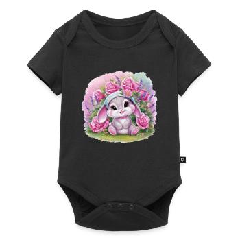 Mignon lapin kawaii avec des roses et de la lavande - Body à manches courtes Premium Bébé - noir - Devant