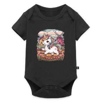 Kawaii unicorn with tulips and windmills - Baby Premium short-sleeve bodysuit - black - Front