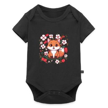 Renard kawaii avec des cerises et des fleurs de cerisier Sakura - Body à manches courtes Premium Bébé - noir - Devant