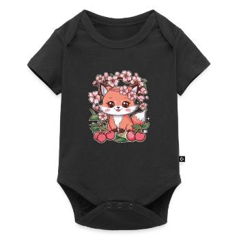 Renard kawaii avec des cerises et des fleurs de cerisier Sakura - Body à manches courtes Premium Bébé - noir - Devant