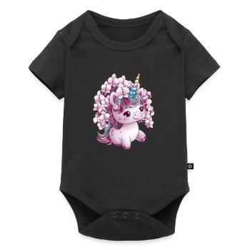 Süßes Einhorn mit Orchideen - Baby Premium Kurzarmbody - Schwarz - Vorne