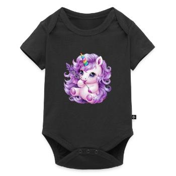 Licorne Kawaii aux fleurs violettes - Body à manches courtes Premium Bébé - noir - Devant