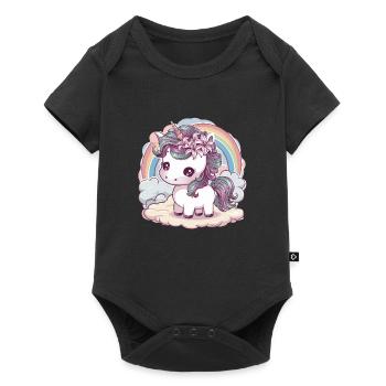 Kawaii Einhorn mit Lillien im Haar - Baby Premium Kurzarmbody - Schwarz - Vorne