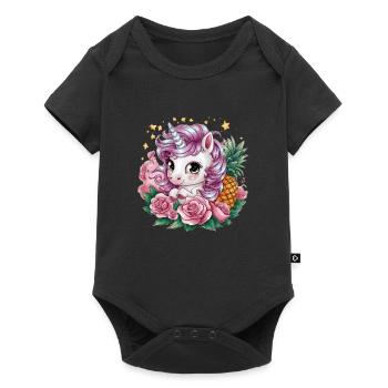 Licorne Kawaii Mignon Dessin Animé avec Roses & Ananas - Body à manches courtes Premium Bébé - noir - Devant