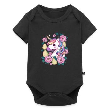 Licorne Kawaii avec Poires & Fleurs - Body à manches courtes Premium Bébé - noir - Devant