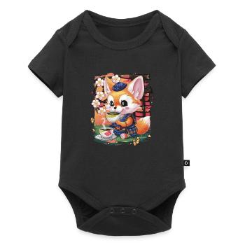 Cartoon Kawaii Fennec Desert Fox with Green Tea - Baby Premium short-sleeve bodysuit - black - Front